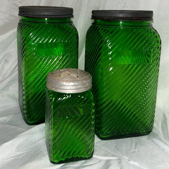 Hoosier Green Ribbed Canisters with Lids
